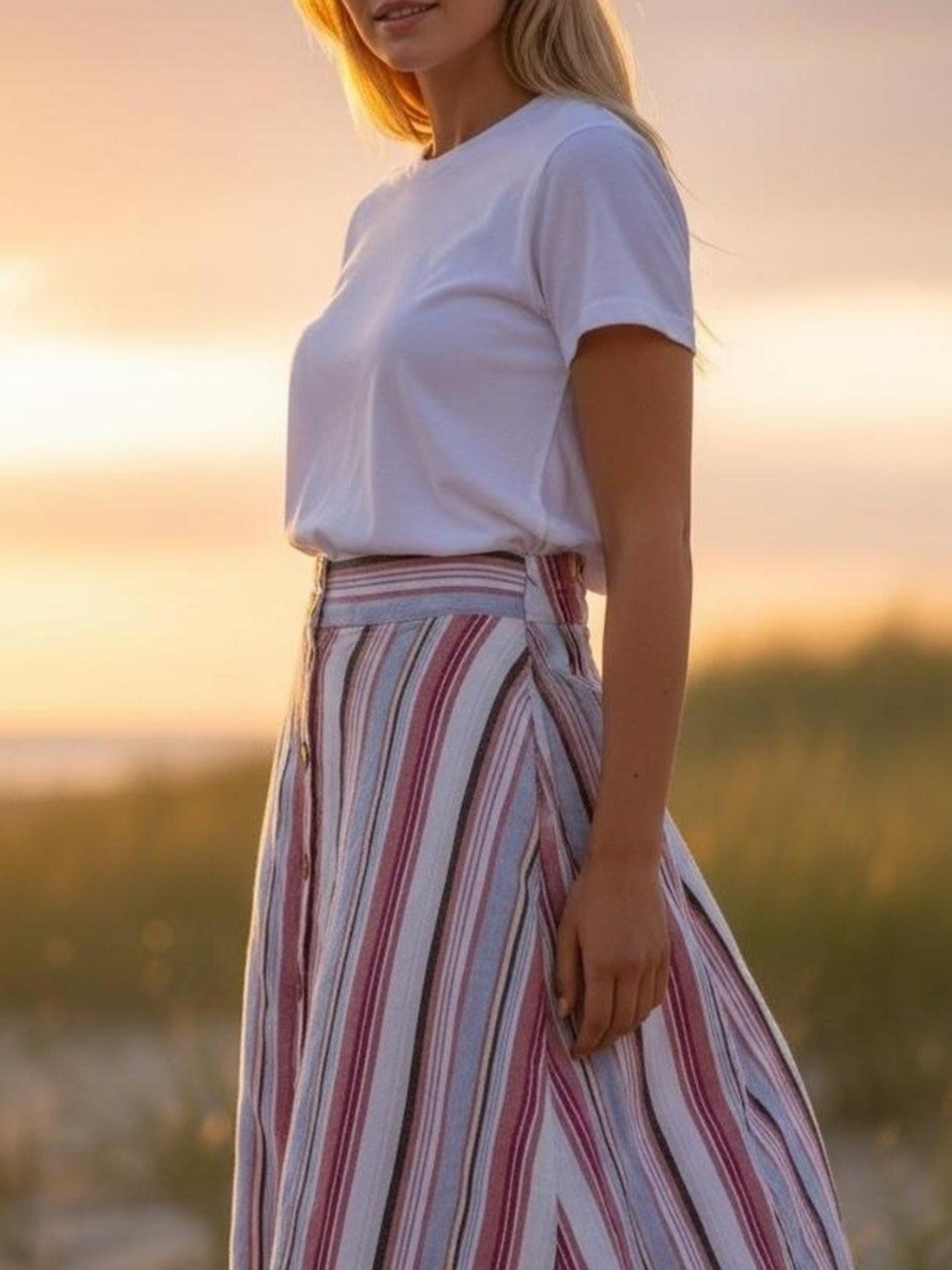 Linen Pastel Striped Button-Front Midi Skirt - Picture 2 of 8